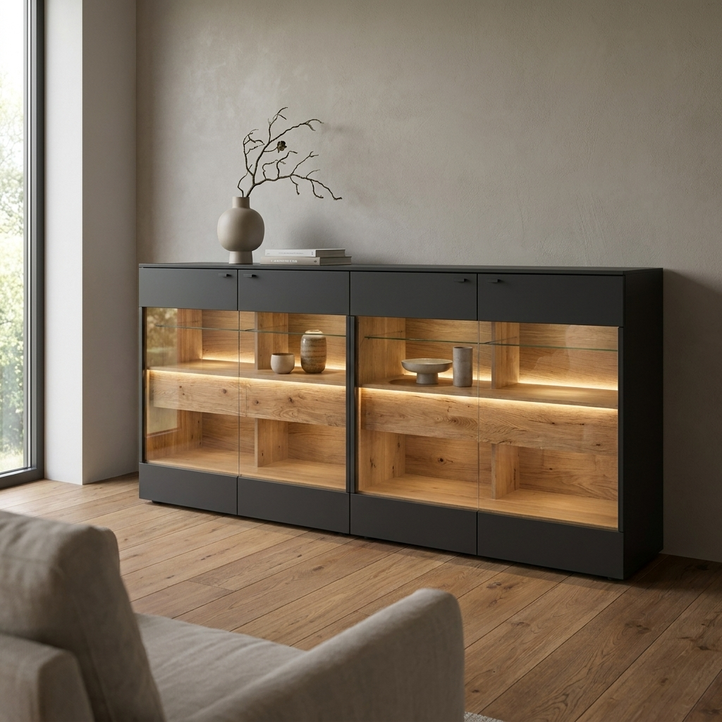 Sideboard Eiche gehackt – stattlicher Materialmix mit beleuchteter Vit