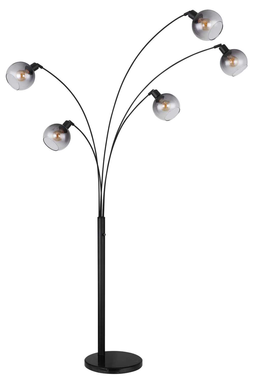 Stehleuchte 208 cm 5-flammig Globo Seymour mit fünf Rauchglaskugeln, schwarzen Bogenarmen und Marmorsockel
