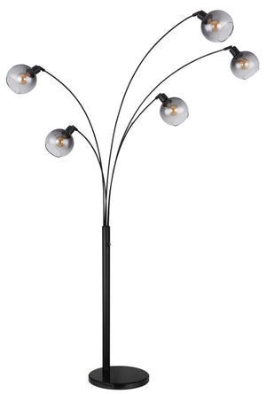 Stehleuchte 208 cm 5-flammig Globo Seymour mit fünf Rauchglaskugeln, schwarzen Bogenarmen und Marmorsockel