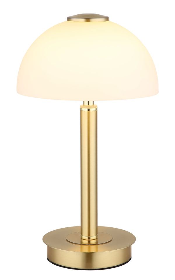 Tischleuchte 31,5 cm LED Globo Uldin in Messing mit opalem Glasschirm Ø 18 cm, Frontansicht unbeleuchtet