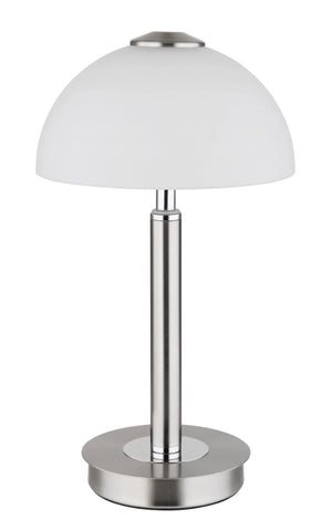 Tischleuchte Globo Uldin nickel matt mit halbrundem Opalglasschirm und Touchdimmer, Seitenansicht – Möbel Graf Pirna/Dresden
