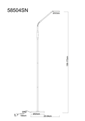 Maßzeichnung Stehleuchte Globo Silvio 58504SN, Höhe 173 cm, Fuß Ø 23 cm, Ausladung 52 cm – Möbel Graf Pirna/Dresden