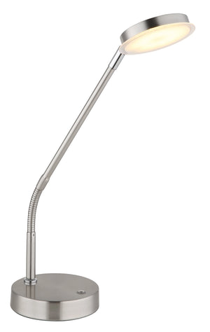 LED Tischleuchte Globo Silvio nickel matt eingeschaltet, blendfreies Licht aus dem Schirm mit Acryldekor