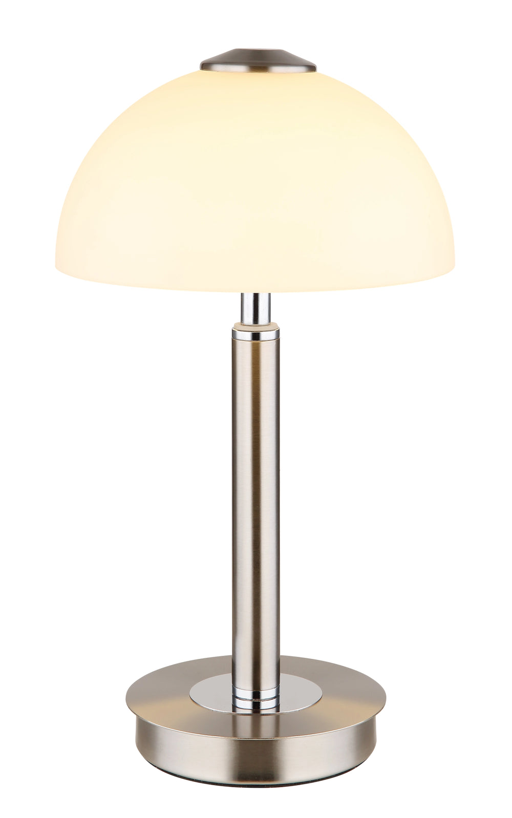 Tischleuchte 31,5 cm LED Globo Uldin in Nickel matt mit opalem Glasschirm Ø 18 cm, Frontansicht – Möbel Graf Pirna/Dresden