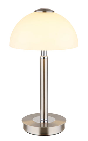 Tischleuchte 31,5 cm LED Globo Uldin in Nickel matt mit opalem Glasschirm Ø 18 cm, Frontansicht – Möbel Graf Pirna/Dresden