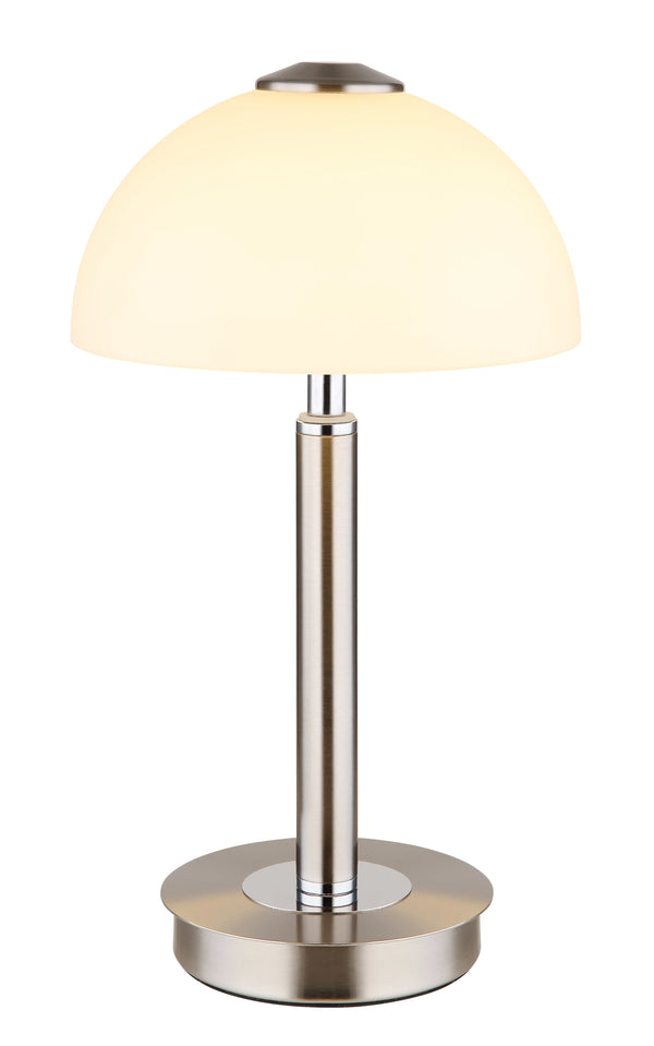 Tischleuchte 31,5 cm LED Globo Uldin in Nickel matt mit opalem Glasschirm Ø 18 cm, Frontansicht – Möbel Graf Pirna/Dresden
