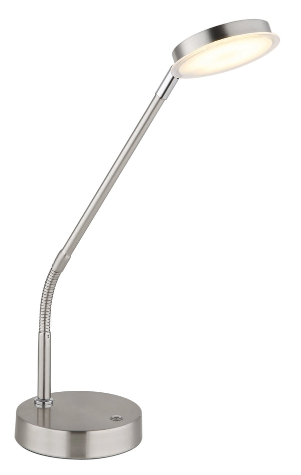 Tischleuchte 53,5 cm LED Globo Silvio in Nickel matt mit flexiblem Rohr und rundem Leuchtenkopf, Frontansicht