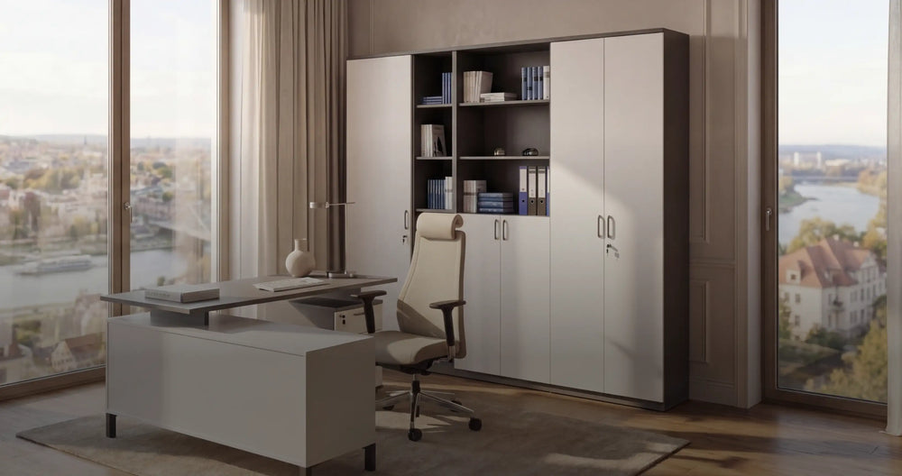 Büromöbel Dresden – Weißes Büro-Set mit cremefarbenem Hochlehner und Elbe-Stadtblick, Möbel Graf Pirna