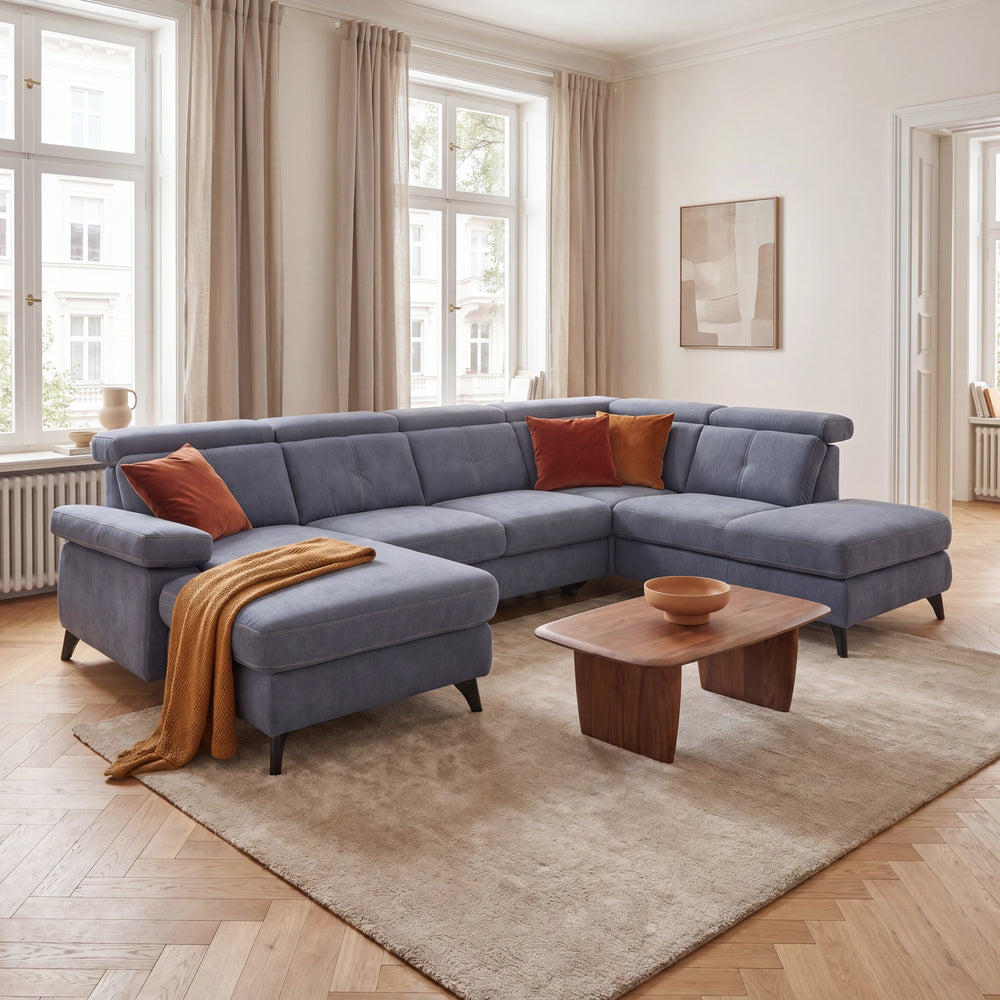 Polstergarnitur „Bulus" mit Longchair links & Ottomane rechts, Chromfuß schwarz