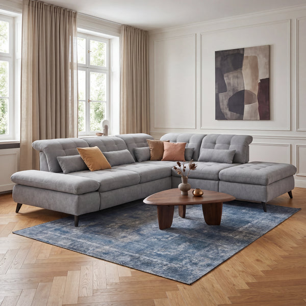 Ecksofa „Portofino" mit Spitzecke, inkl. Schwenkrücken & Nierenkissen