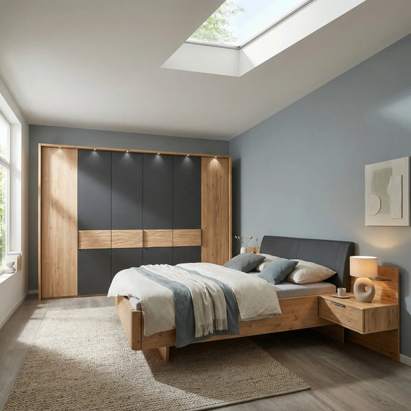 Modernes Schlafzimmer Mumbai Set in Graphit mit Doppelbett und schwebenden Nachtkonsolen
