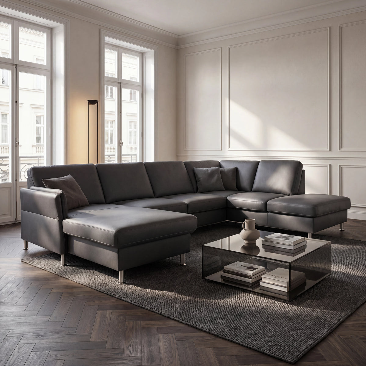 Wohnlandschaft Leder Torro anthrazit U-Form