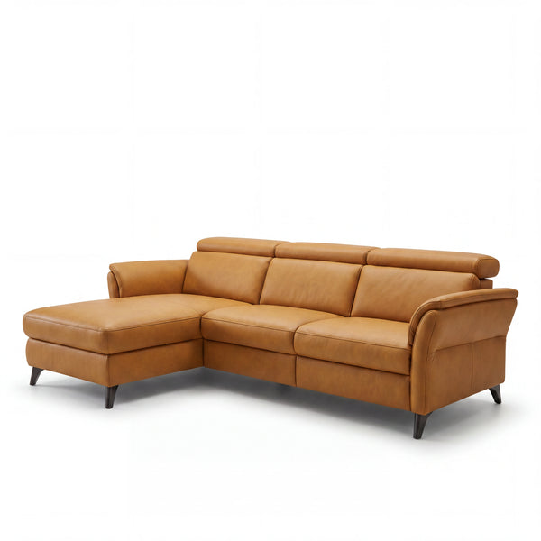 Ecksofa in Leder Dijon „Punch" mit Anstellhocker rechts, Chromfuß schwarz