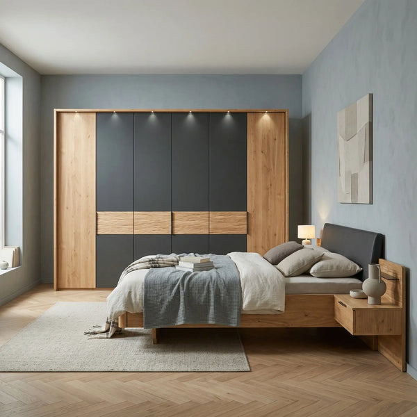 Modernes Schlafzimmer Mumbai Set mit Kleiderschrank, Doppelbett und schwebenden Nachtkonsolen in Graphit-Dekor