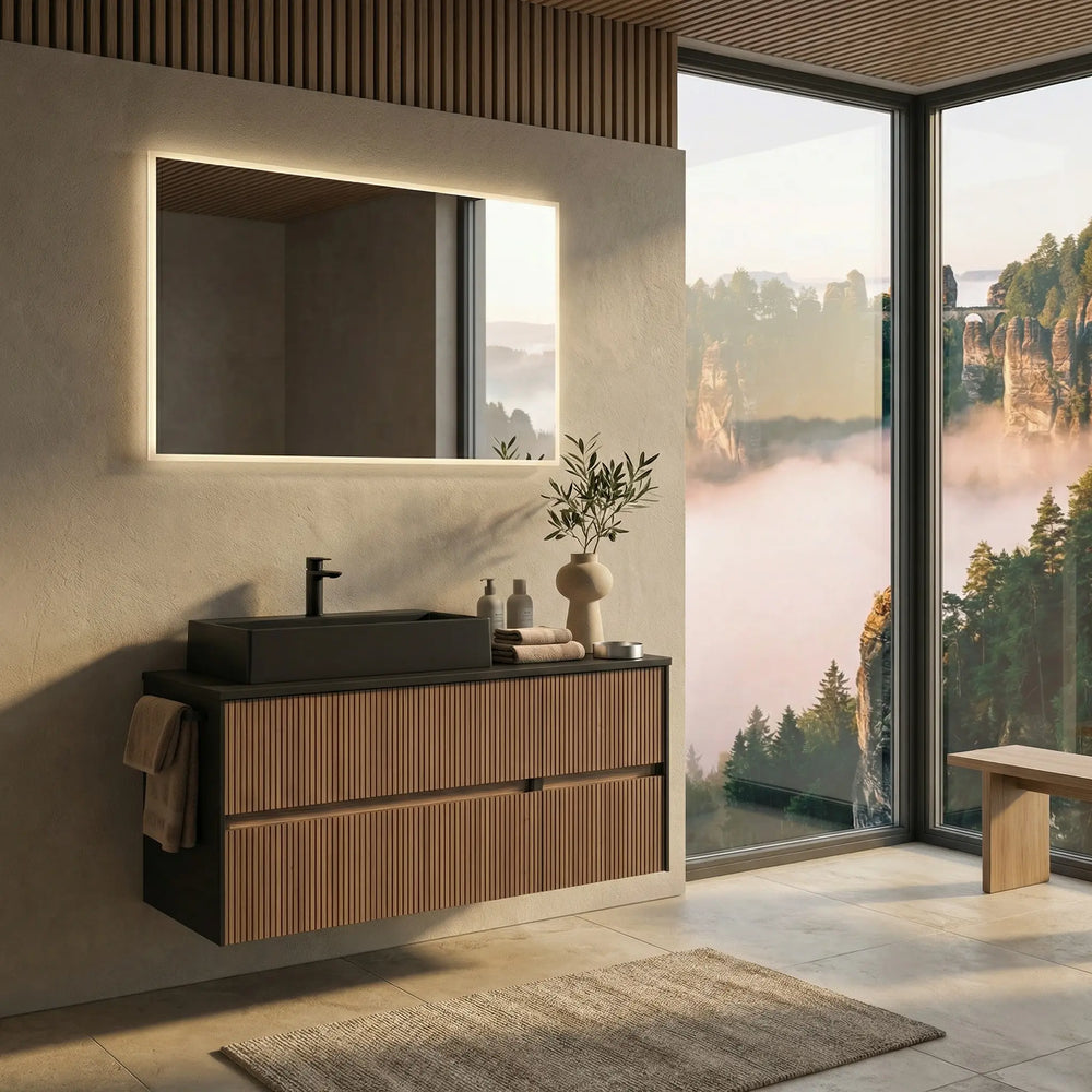 Badprogramm Serie 6010 Pelipal mit Aufsatzwaschtisch, Waschtischunterschrank, Flächenspiegel und LED-Beleuchtung in Linea Eiche Dunkel