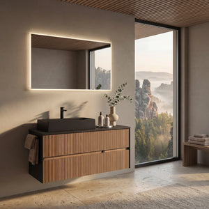 Modernes Badprogramm Serie 6010 von Pelipal mit Linea Eiche Dunkel, Aufsatzwaschtisch und LED-Beleuchtung