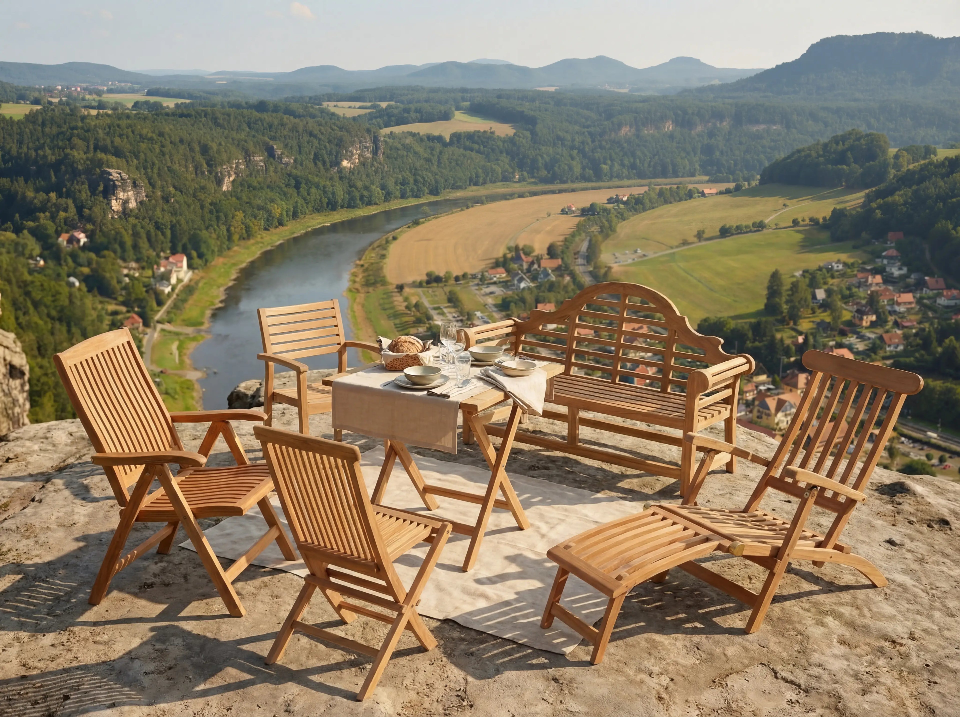 Gartenmöbel Dresden – Teak-Sitzgruppe mit Elbtal-Panorama Sächsische Schweiz, Möbel Graf Pirna
