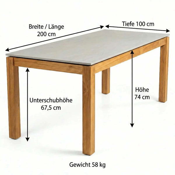 Moderner Gartentisch mit Teakgestell und kratzfester Dekton Tischplatte in Lava hellgrau