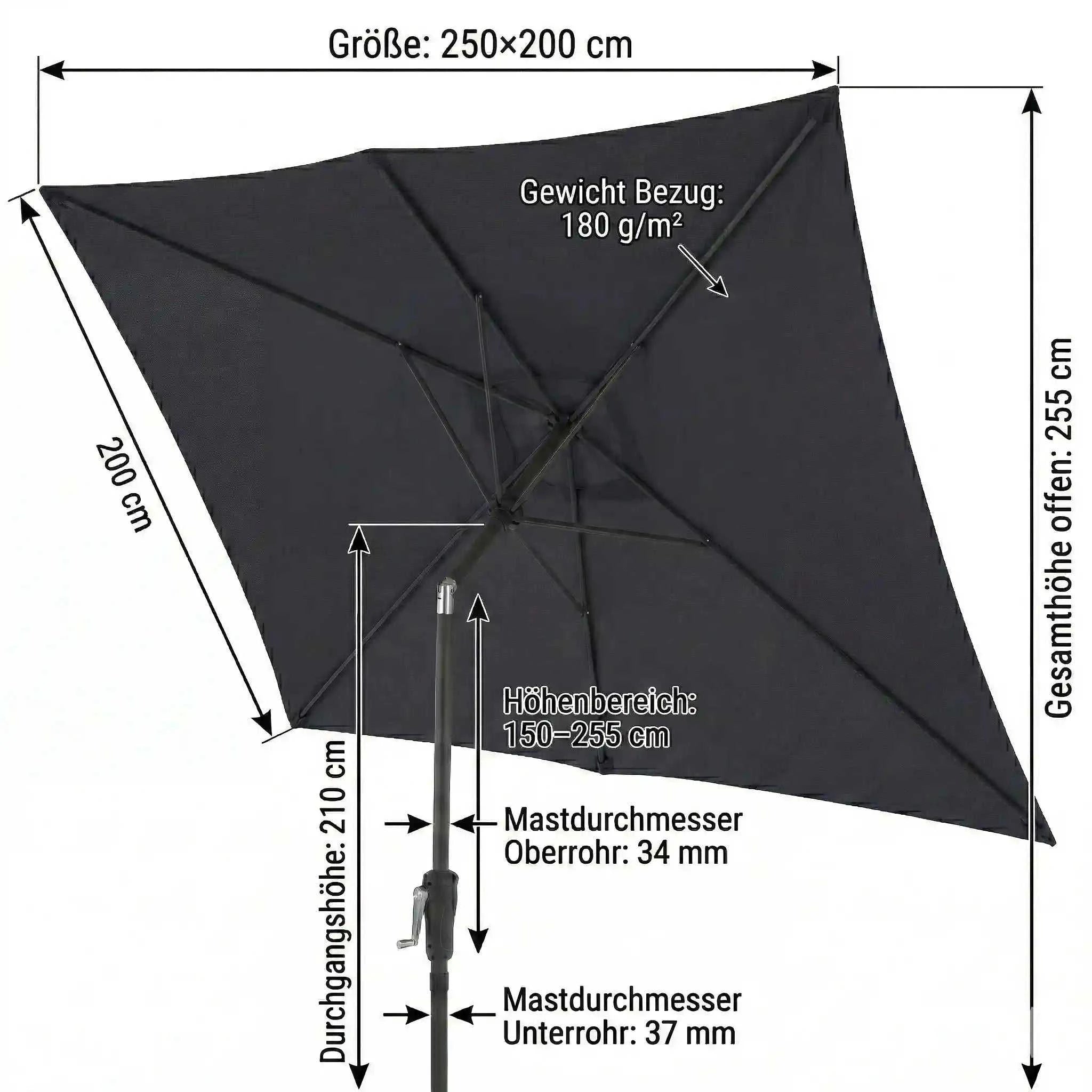 Anthrazitfarbener Sonnenschirm Life Lift 250x200 cm mit Kurbelmechanik, Knickfunktion und UV-Schutz