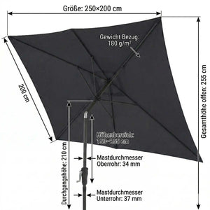 Anthrazitfarbener Sonnenschirm Life Lift 250x200 cm mit Kurbelmechanik, Knickfunktion und UV-Schutz