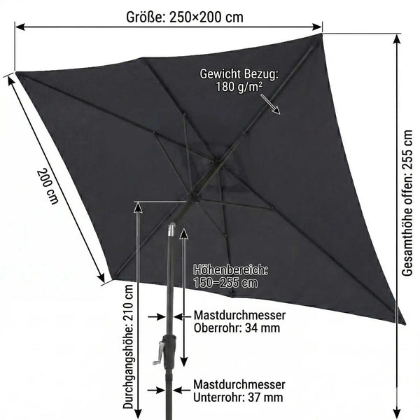 Anthrazitfarbener Sonnenschirm Life Lift 250x200 cm mit Kurbelmechanik, Knickfunktion und UV-Schutz