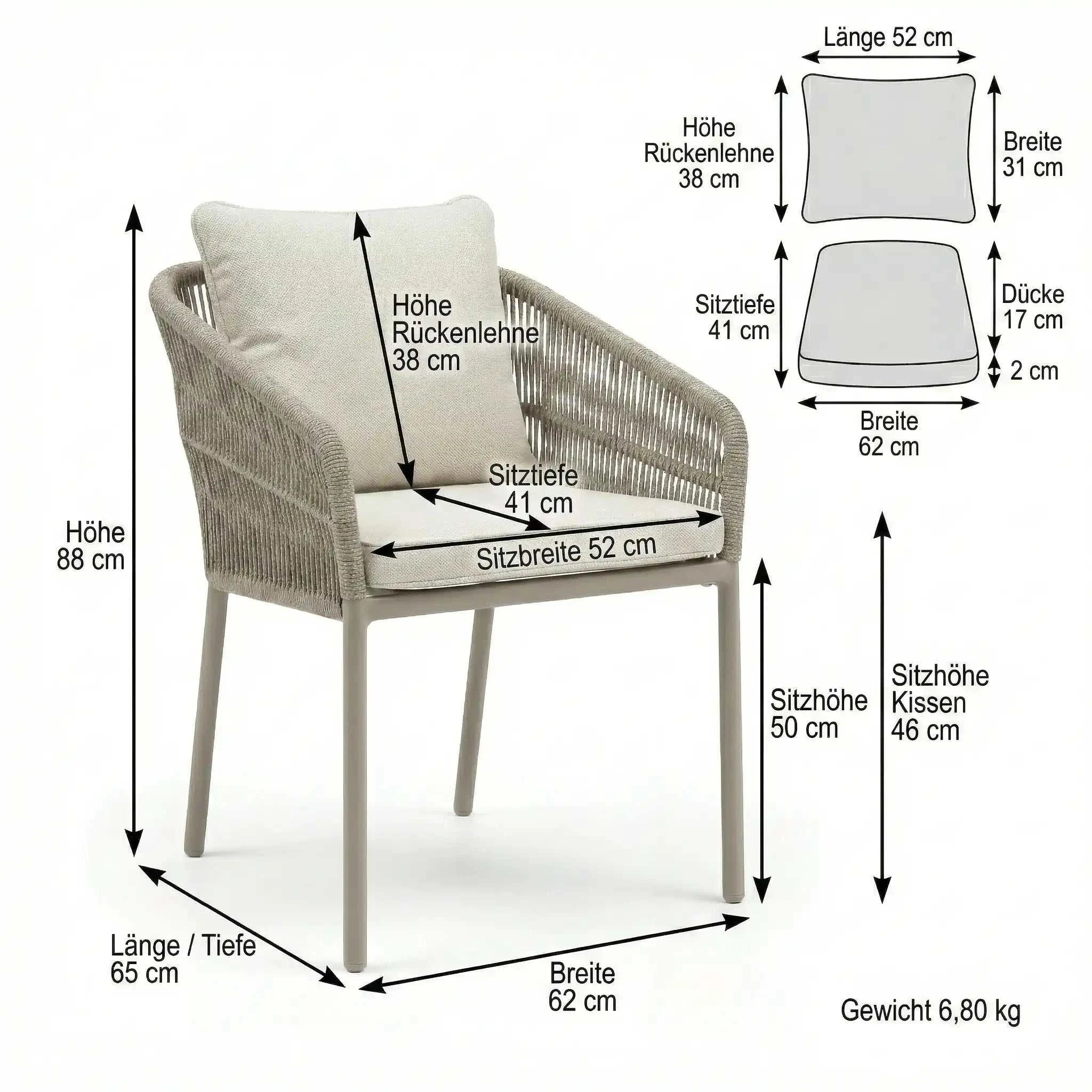 Stapelsessel Jella mit Greige Aluminiumgestell und Vanilla Kissenset, stapelbar für Terrasse und Garten