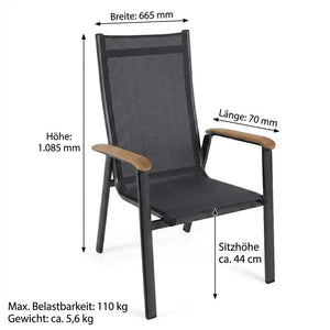 Moderner Stapelstuhl Reno mit eisengrauem Aluminiumrahmen, anthrazitfarbener Textilene-Bespannung und naturfarbenen Teakholz-Armlehnen, stapelbar für Garten und Terrasse.