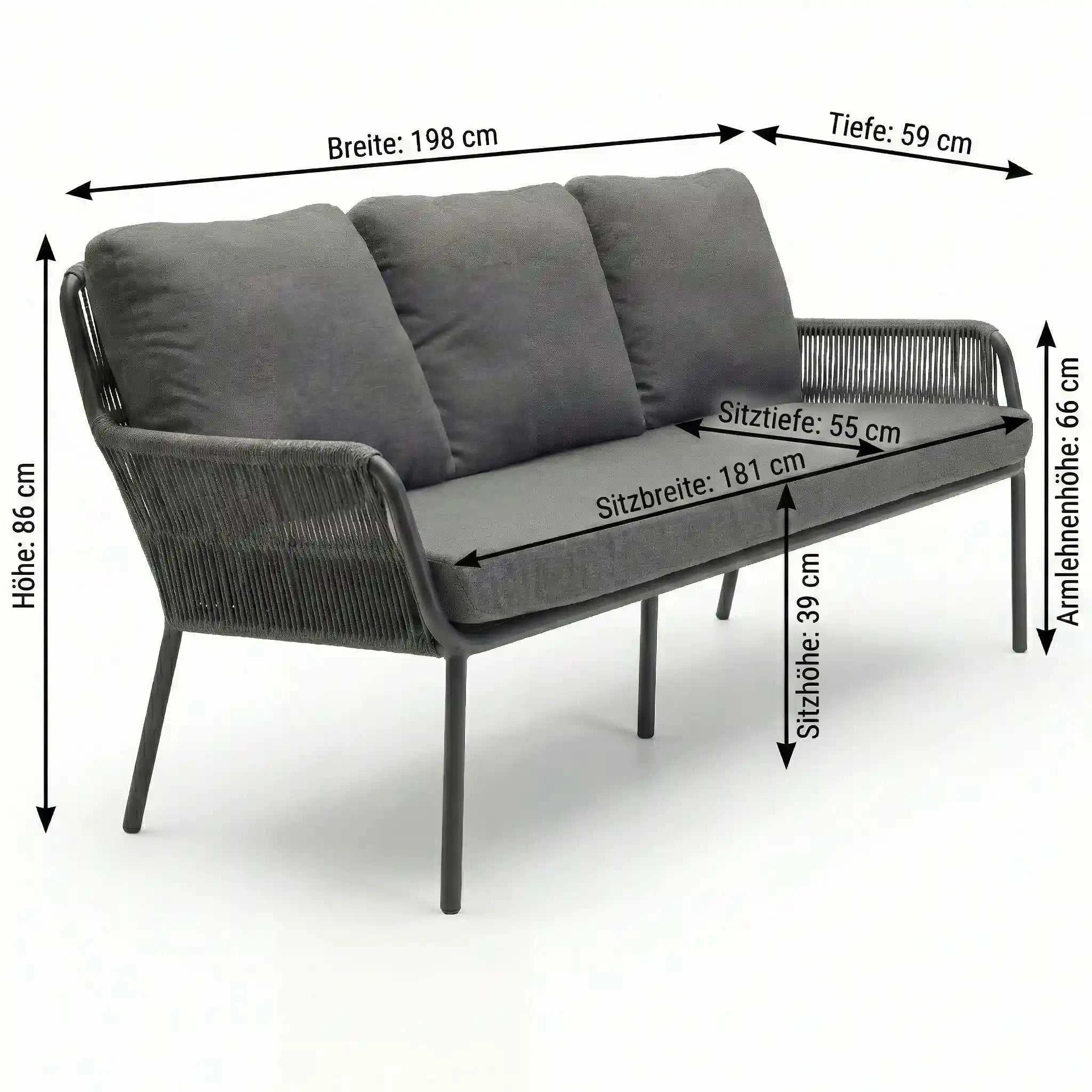 Lounge 3-Sitzer Como mit pulverbeschichtetem Aluminium, Rope-Rundgeflecht und wasserabweisenden Olefin-Kissen in Grau