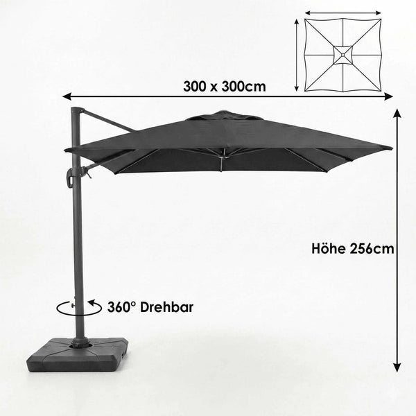 Moderner Ampelschirm Lexa 300x300 cm grau mit Aluminiumgestell, schwenkbar, 360° drehbar, LED-Solarlicht, inkl. Schirmfuß und Hülle