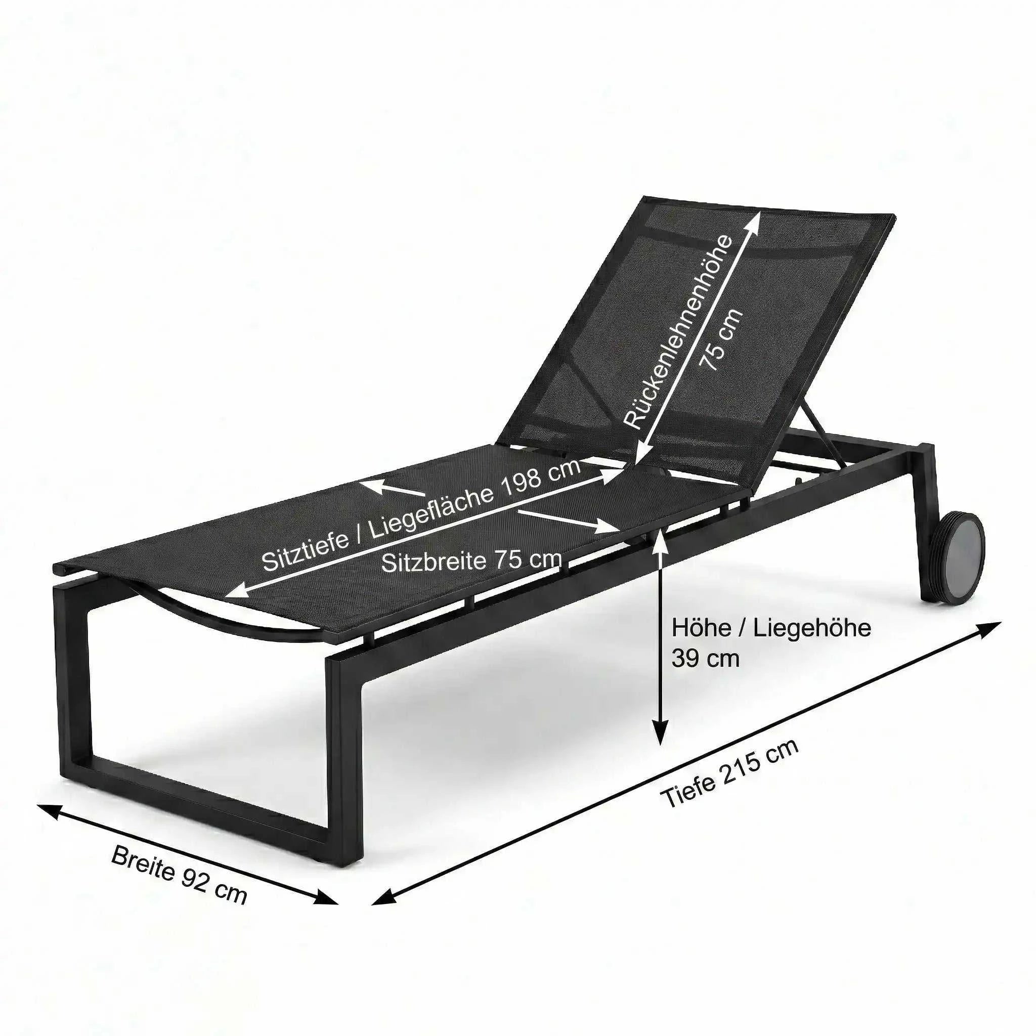 Gartenliege Robin aus mattschwarzem Aluminium mit verstellbarer Textilenliegefläche in Leinen Grau und zwei Rollen für Outdoor-Einsatz