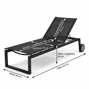 Gartenliege Robin aus mattschwarzem Aluminium mit verstellbarer Textilenliegefläche in Leinen Grau und zwei Rollen für Outdoor-Einsatz