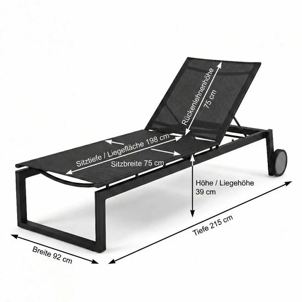 Gartenliege Robin aus mattschwarzem Aluminium mit verstellbarer Textilenliegefläche in Leinen Grau und zwei Rollen für Outdoor-Einsatz