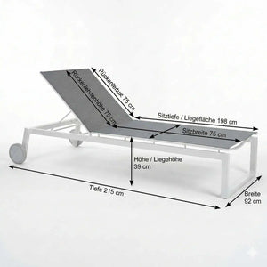Moderne Gartenliege Robin aus weißem Aluminium, 5-fach verstellbar, mit silberner Textilenfläche