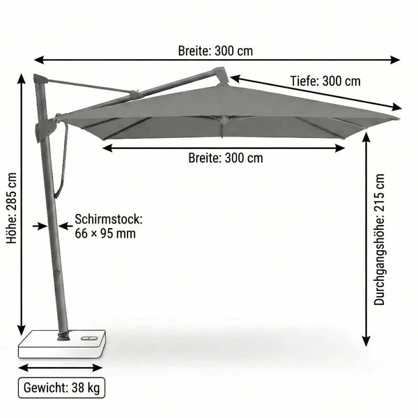 Glatz Ampelschirm Sombrano S+ 300x300 cm in Stone Grey mit Kurbelantrieb und neigbarem Schirmdach