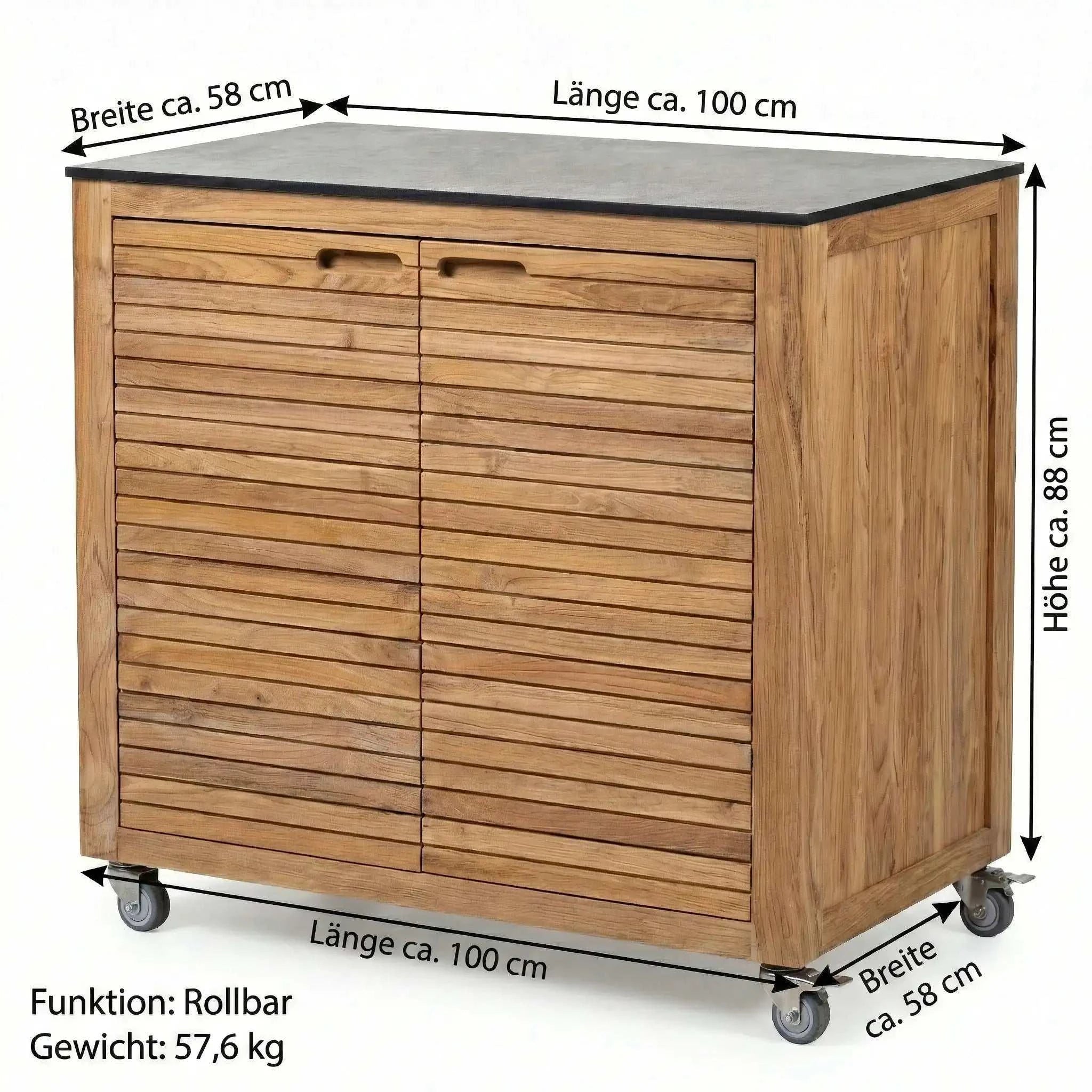 Teakholz Sideboard Elma mit Silverstar Quartz Arbeitsplatte, outdoor, rollbar, 2 Türen, kratz- und hitzebeständig