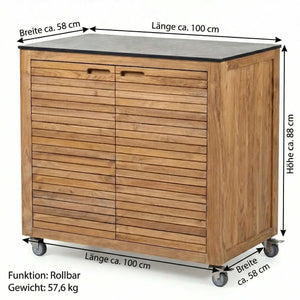 Teakholz Sideboard Elma mit Silverstar Quartz Arbeitsplatte, outdoor, rollbar, 2 Türen, kratz- und hitzebeständig