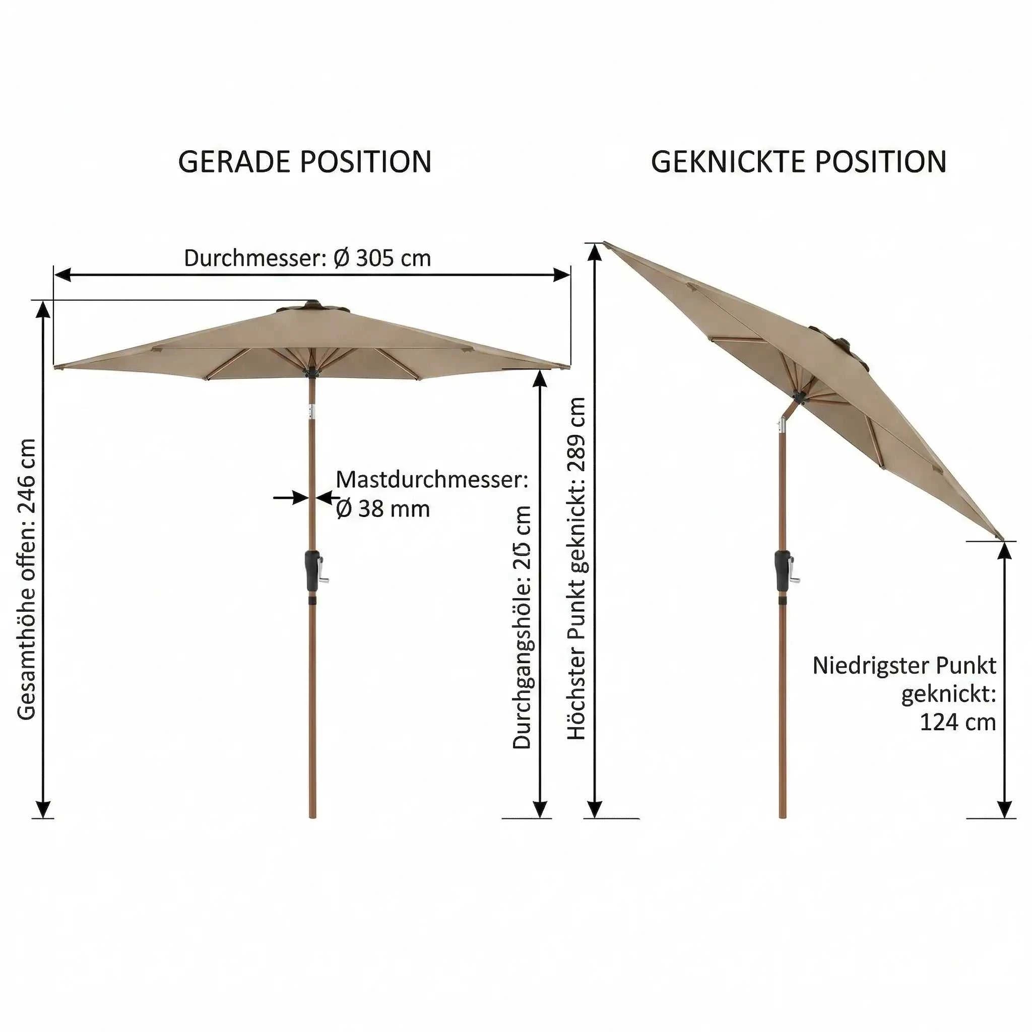 Sonnenschirm Life Lift Ø 305 cm in Greige mit Holzoptik und UV-Schutz LSF 50+