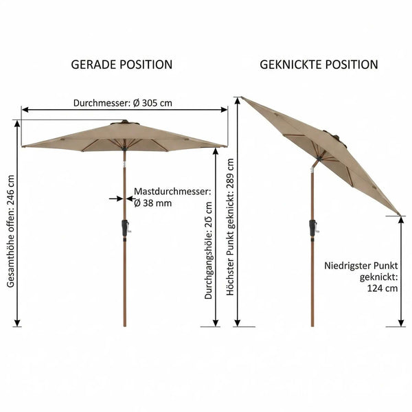Sonnenschirm Life Lift Ø 305 cm in Greige mit Holzoptik und UV-Schutz LSF 50+
