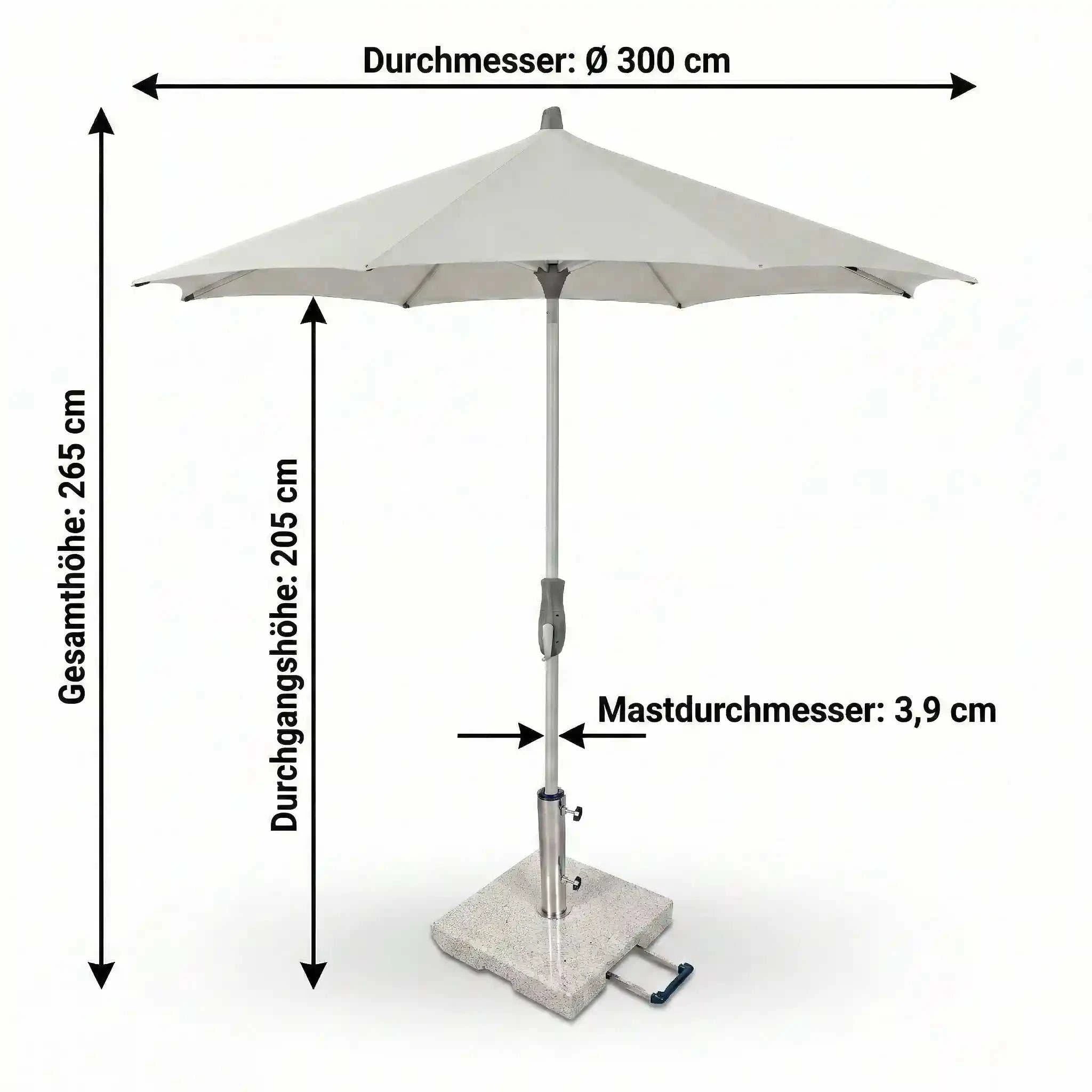 Glatz Sonnenschirm Alu Twist Ø 300 cm mit natureloxiertem Aluminiumgestell und pale grey Polyester-Schirmtuch, stufenlos neigbar, UV-Schutz 98, stabiler Stand.