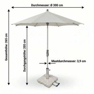 Glatz Sonnenschirm Alu Twist Ø 300 cm mit natureloxiertem Aluminiumgestell und pale grey Polyester-Schirmtuch, stufenlos neigbar, UV-Schutz 98, stabiler Stand.