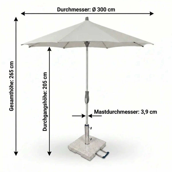 Glatz Sonnenschirm Alu Twist Ø 300 cm mit natureloxiertem Aluminiumgestell und pale grey Polyester-Schirmtuch, stufenlos neigbar, UV-Schutz 98, stabiler Stand.