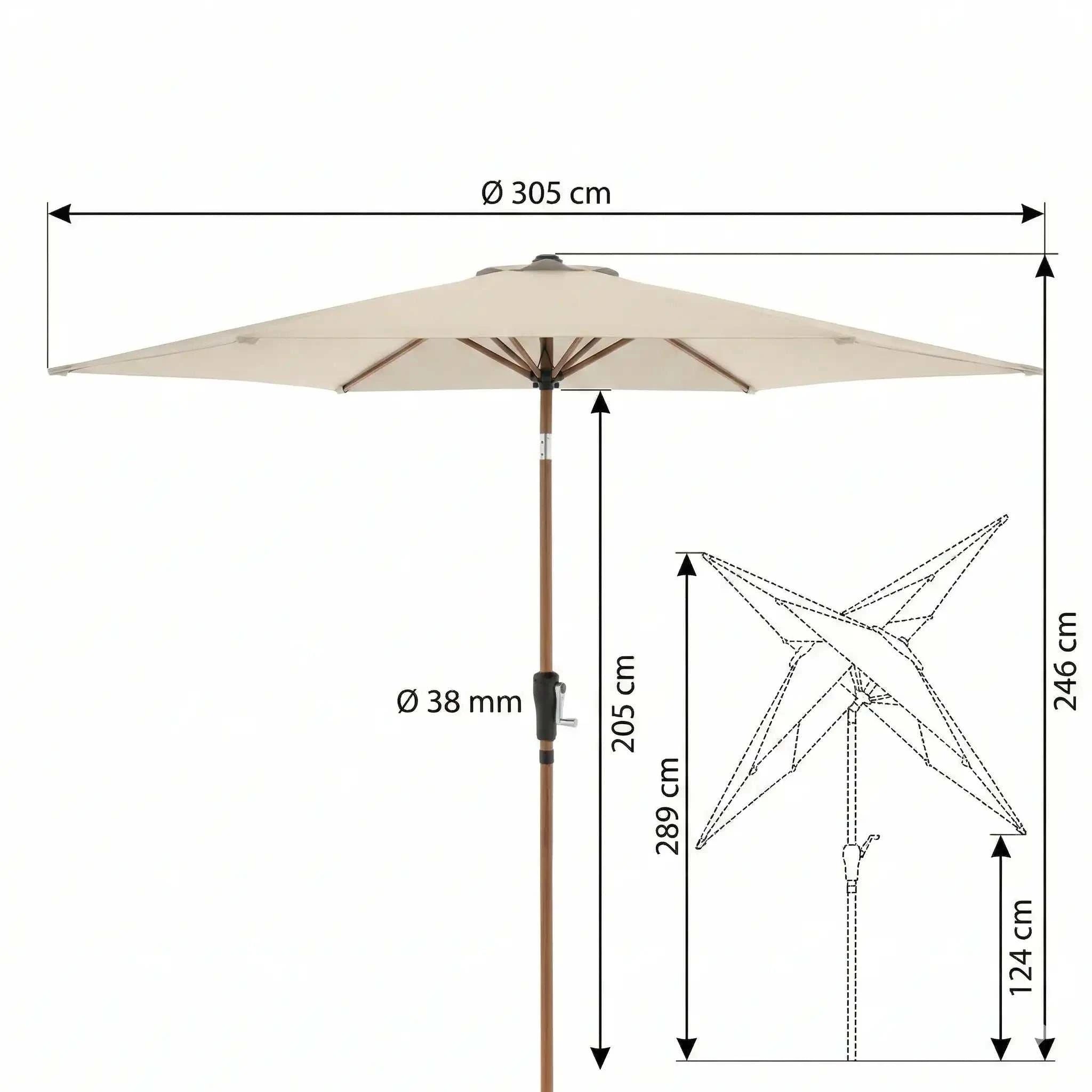 Sonnenschirm Life Lift Ø 305 cm in Holzoptik mit Knickvorrichtung und UV-Schutz LSF 50+