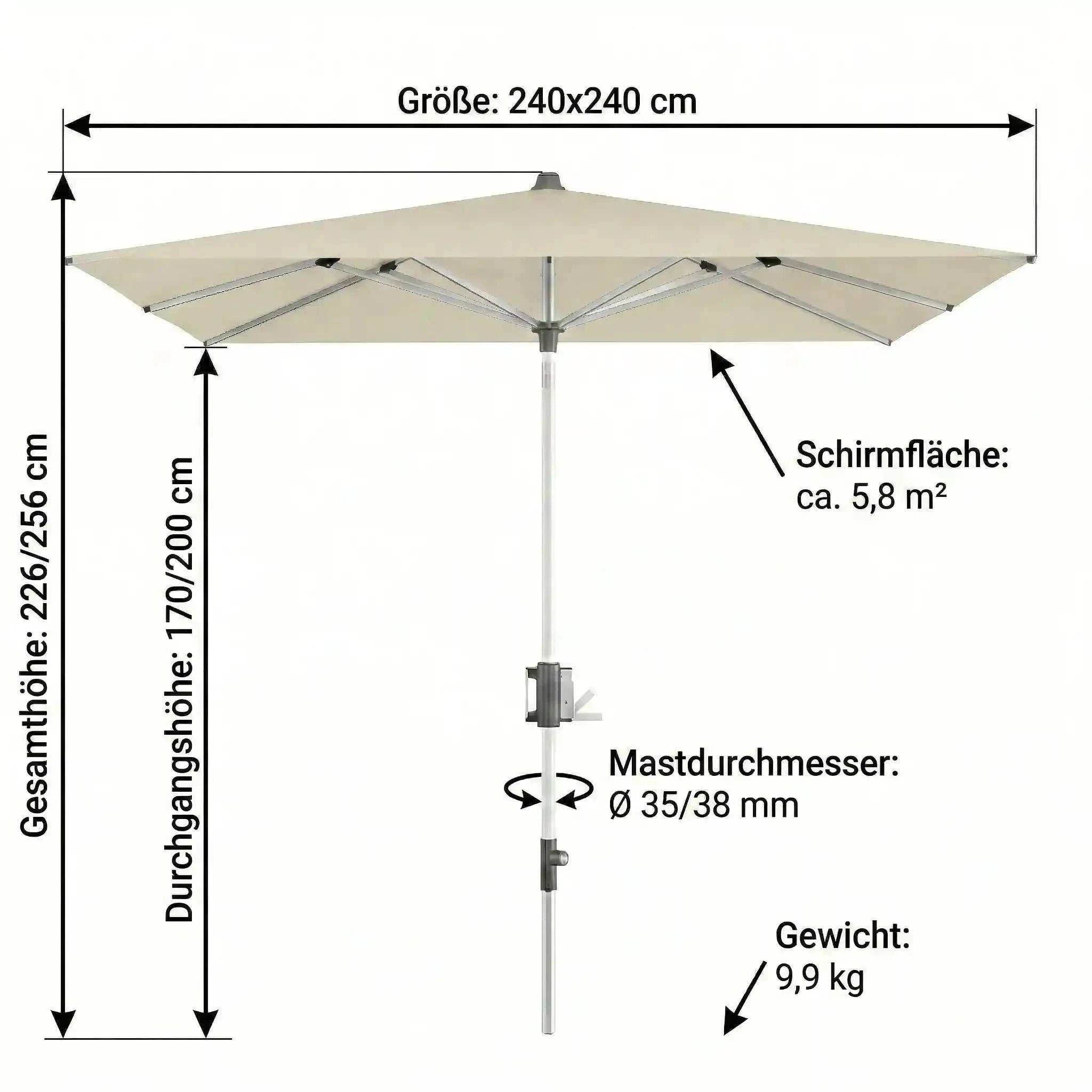 Sonnenschirm Apoll 240x240 cm mit Easy Tilt® Funktion, höhenverstellbar, wasser- und schmutzabweisend, UV-Schutz 80+, Aluminium-Gestell