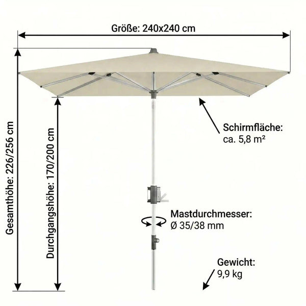 Sonnenschirm Apoll 240x240 cm mit Easy Tilt® Funktion, höhenverstellbar, wasser- und schmutzabweisend, UV-Schutz 80+, Aluminium-Gestell