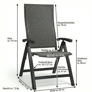Moderner Klappsessel Kari mit Aluminiumarmlehnen und wetterfestem Textilen in Anthrazitfarbe