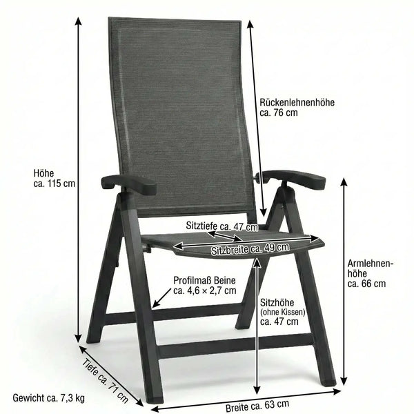 Moderner Klappsessel Kari mit Aluminiumarmlehnen und wetterfestem Textilen in Anthrazitfarbe