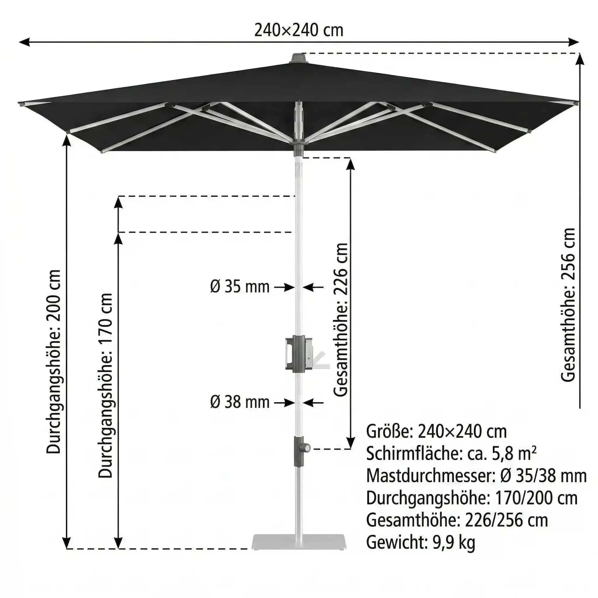 Schwarzer Sonnenschirm Apoll 240x240 cm mit Easy Tilt, höhenverstellbar und wasserabweisendem Polyesterbezug
