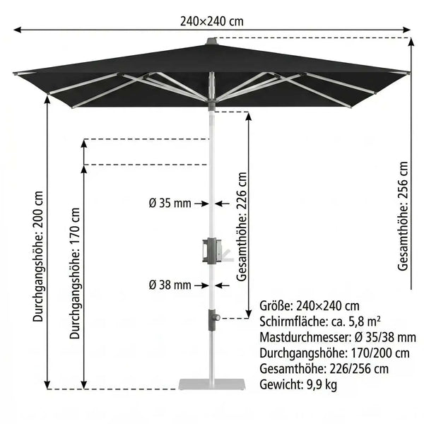Schwarzer Sonnenschirm Apoll 240x240 cm mit Easy Tilt, höhenverstellbar und wasserabweisendem Polyesterbezug