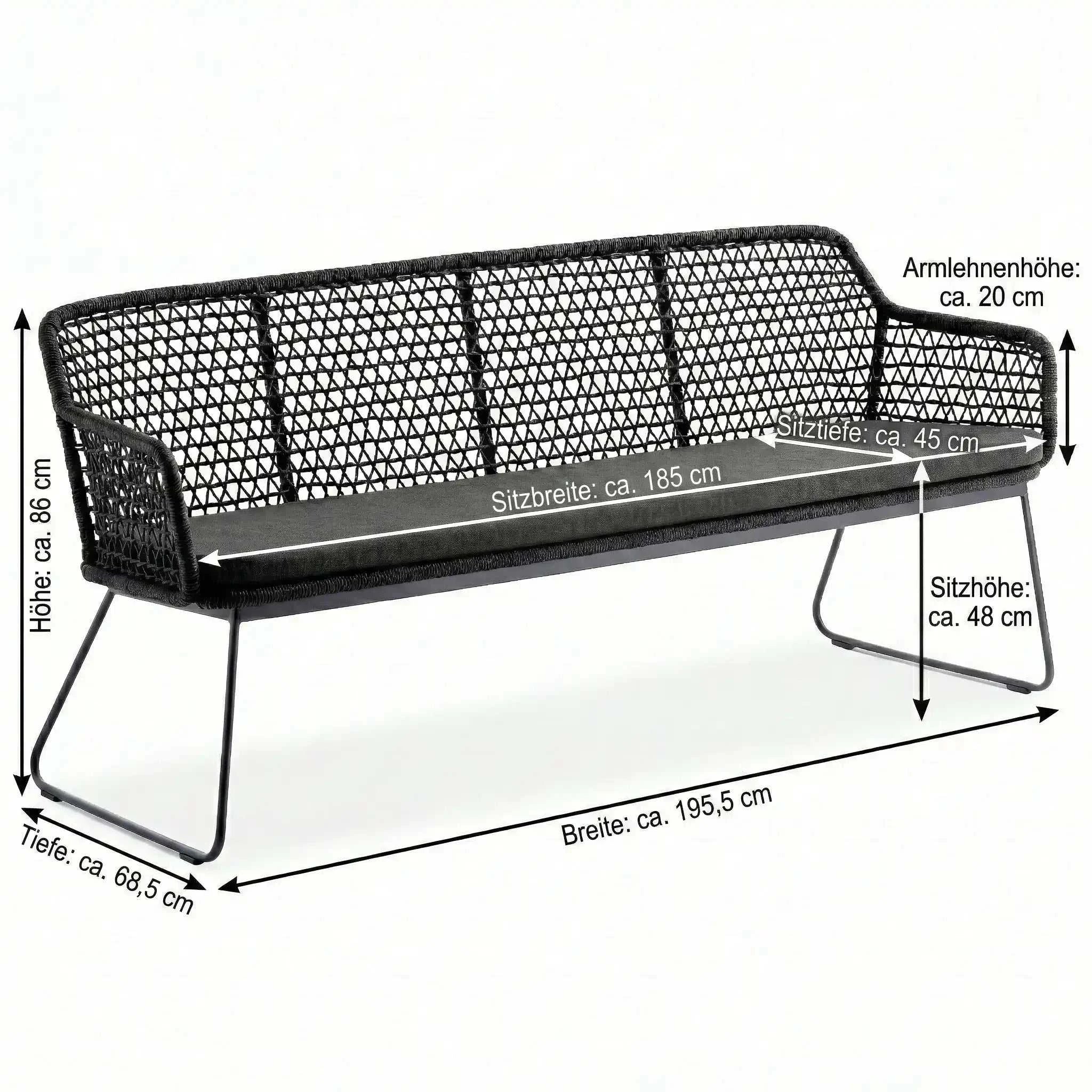 Gartenbank Kubu mit Rautenoptik und Sitzkissen in Anthrazit, modernes Aluminiumgestell, 3-Sitzer Lounge-Bank für den Garten