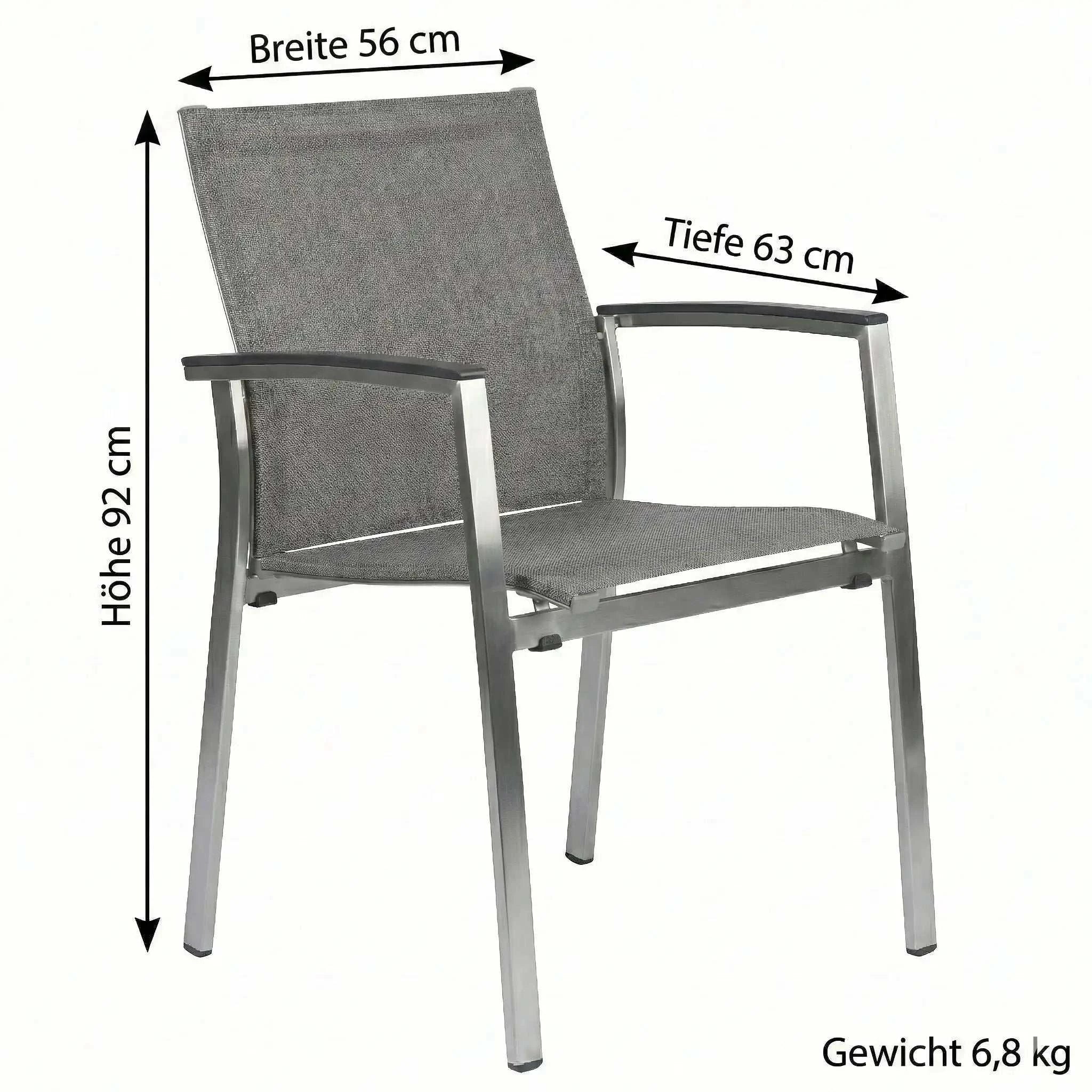 Stapelsessel Mika mit Edelstahlgestell, Textilene-Sitzfläche und Aluminiumarmlehnen in Grau, stapelbar und windstabil